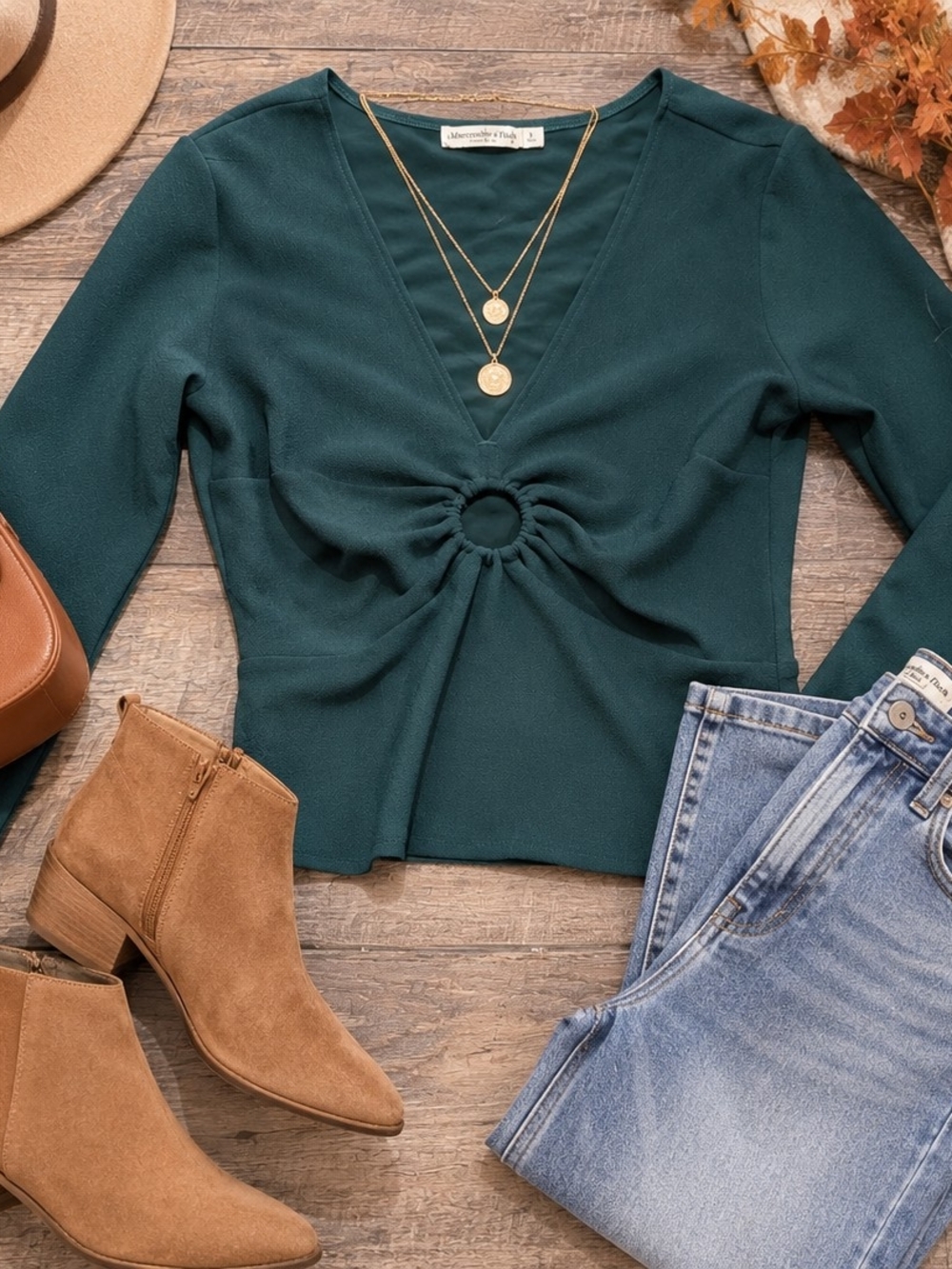 Abercrombie & Fitch Deep Teal Ring-Front V-Neck Top